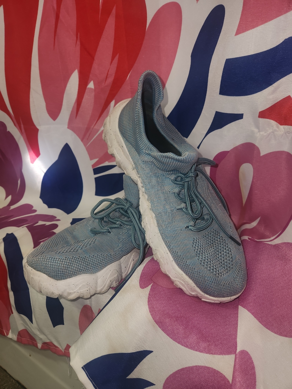 Women's Light Blue Knit Slip-On Sneakers with Cushioned White Sole